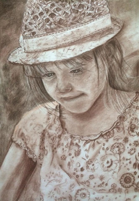 Ein Mädchen mit Strohhut in Rötel gezeichnet