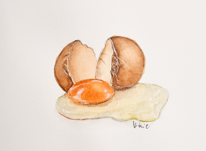 Ein aufgeschlagenes Ei mit Aquarell gemalt