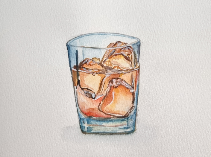 Ein Glas mit Getränk und Eiswürfeln mit Aquarell gemalt