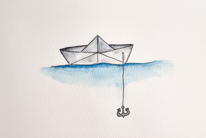 Skizze von einem Papierboot mit Aquarell und Fineliner gemalt