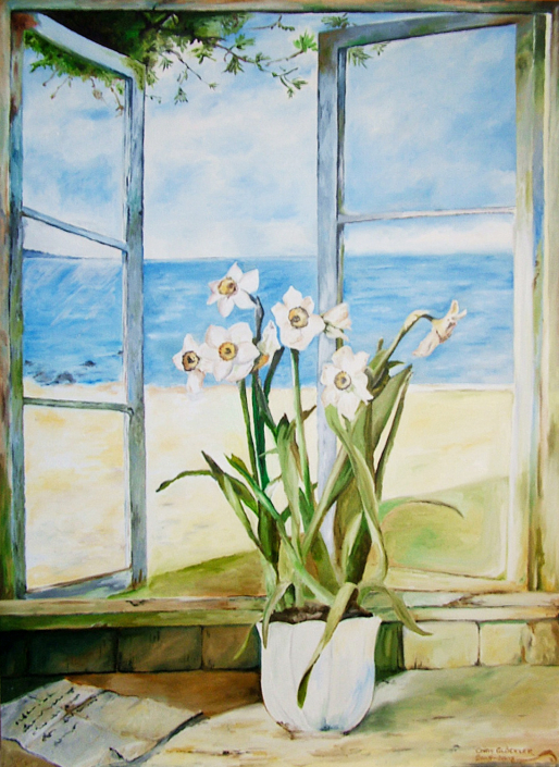 Fenster mit Blumen mit Öl auf bespannter Malplatte