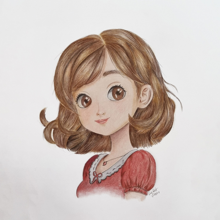 Mädchen mit braunen Haaren und rotem Kleid mit Buntstift und Pastellkreide gezeichnet