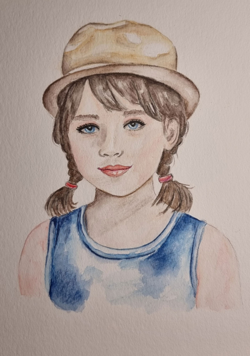 Junges Mädchen mit Zöpfen und Hut - Aquarellbuntstifte mit Wasser vermalt